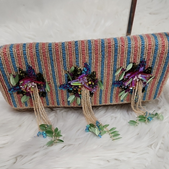 🔹️Made In india🔹️ Viral Floral Colorful Striped Beaded Fringe Shoulder Bag - Picture 10 of 10